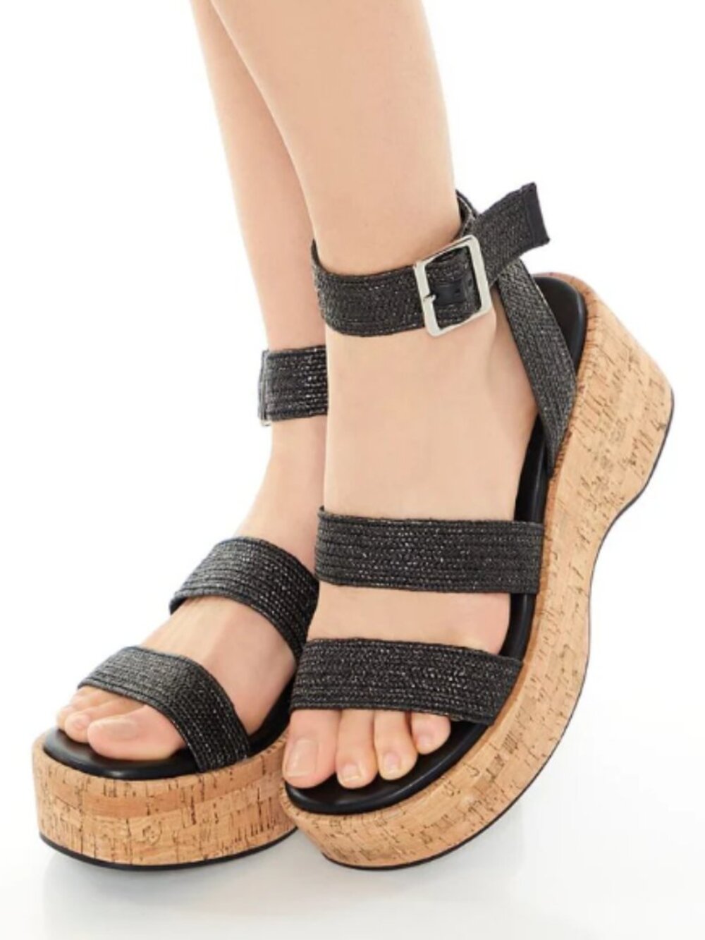 Forever 21 Black Platform Cork Wedge Sandals – Women’s Size 10